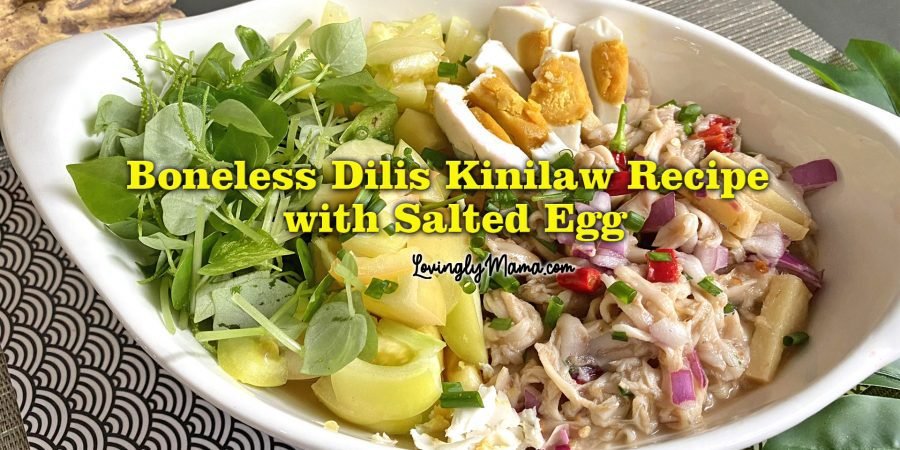 boneless dilis kinilaw recipe with salted egg - homecooking - Filipino dish - anchovy ceviche - dilis ceviche - white plate with pancit-pancitan