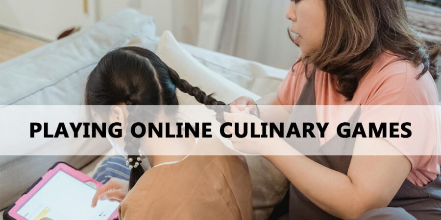 playing online culinary games - mother and child with a gadget -braiding hair